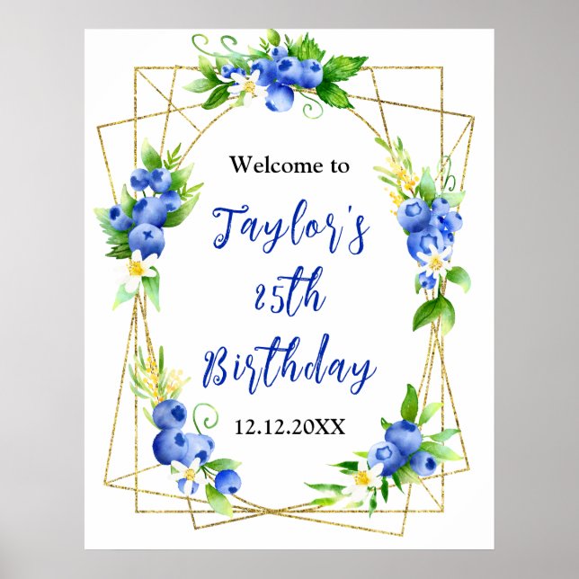 Poster Blueberry Floral Birthday Party Welcome Sign (Frente)
