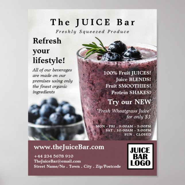 Poster Blueberry Smoothie, publicidade ao Bar de suco (Frente)