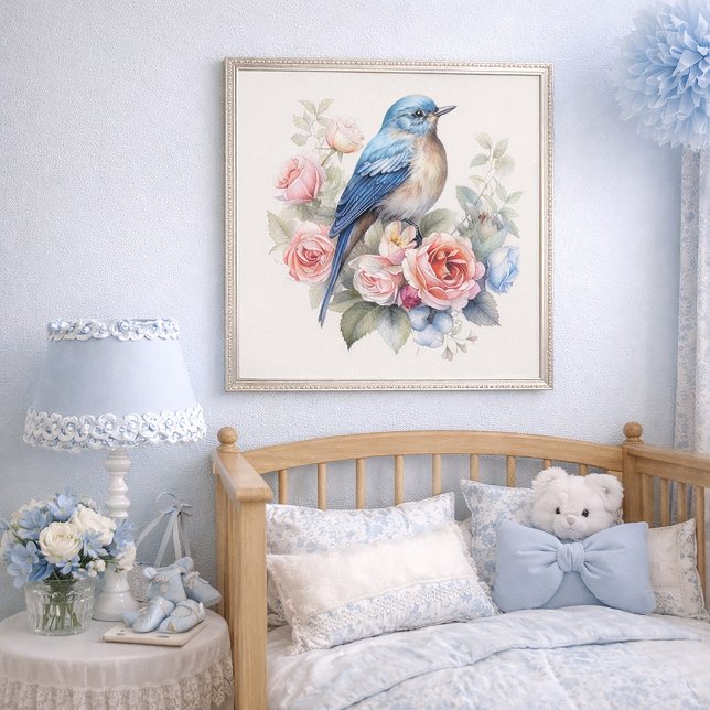 Poster Bluebird Floral Art Home Decor (Beautiful blue bird and pink roses wall art )