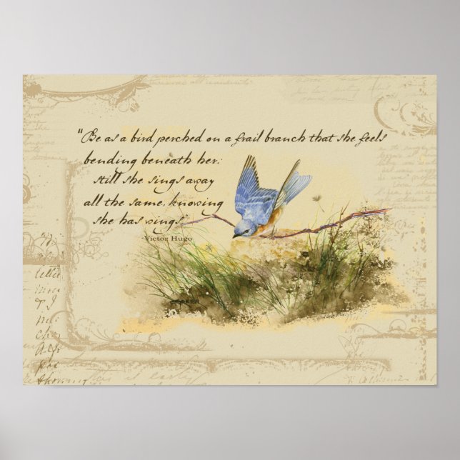 Pôster Bluebird on Branch Victor Hugo Inspirational Poem (Frente)