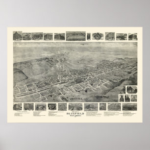 Pôster Bluefield, mapa panorâmico de WV - 1911