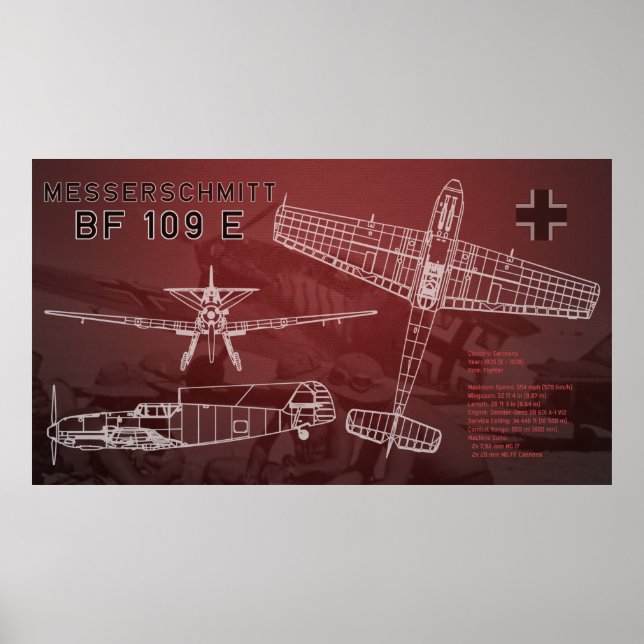 Poster Blueprint do Messerschmitt Bf 109 (Frente)