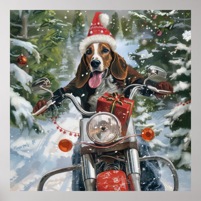 Poster Bluetick Coonhound Dirigindo motocicleta Natal (Frente)