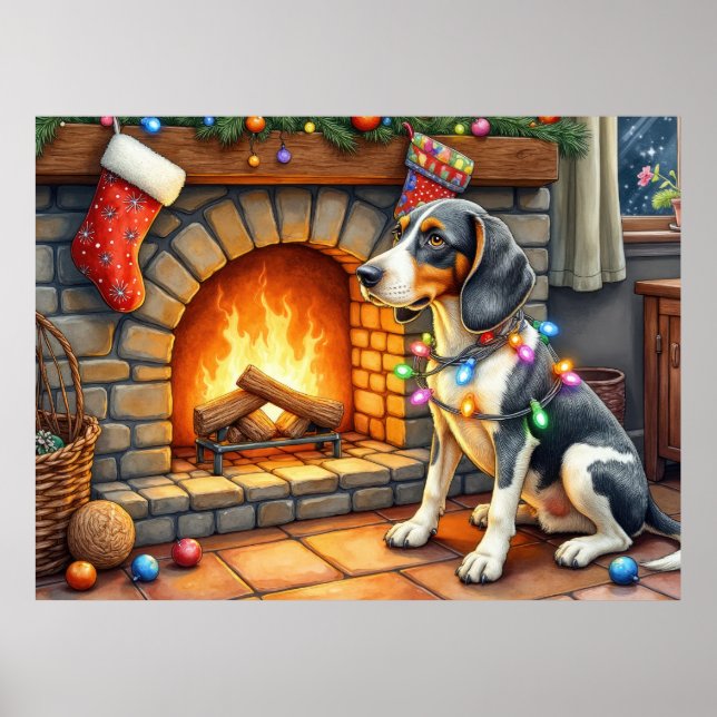 Poster Bluetick Coonhound Lareira com Luzes de Natal (Frente)