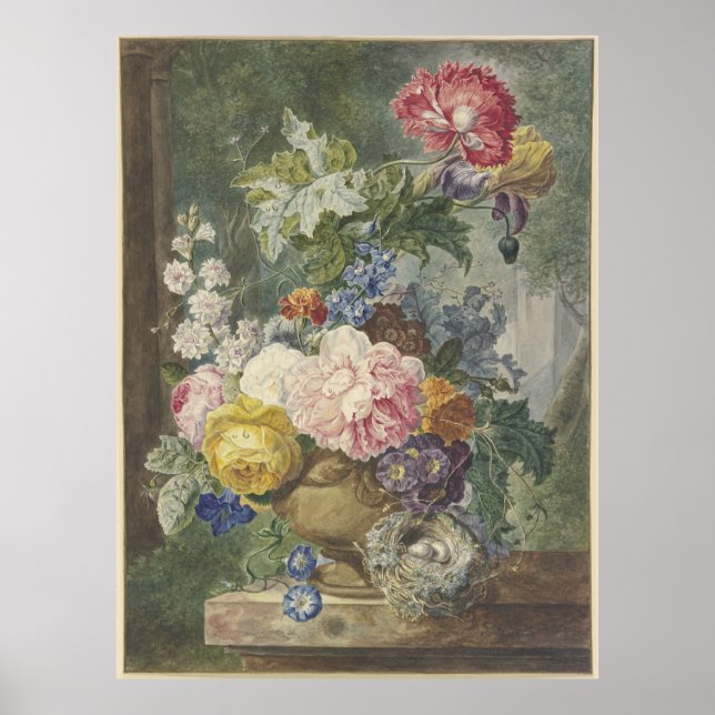 Poster Blumenstrauß em einer Vase mit Vogelnest (Frente)