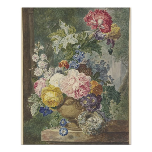 Pôster Blumenstrauß em einer Vase mit Vogelnest (Frente)