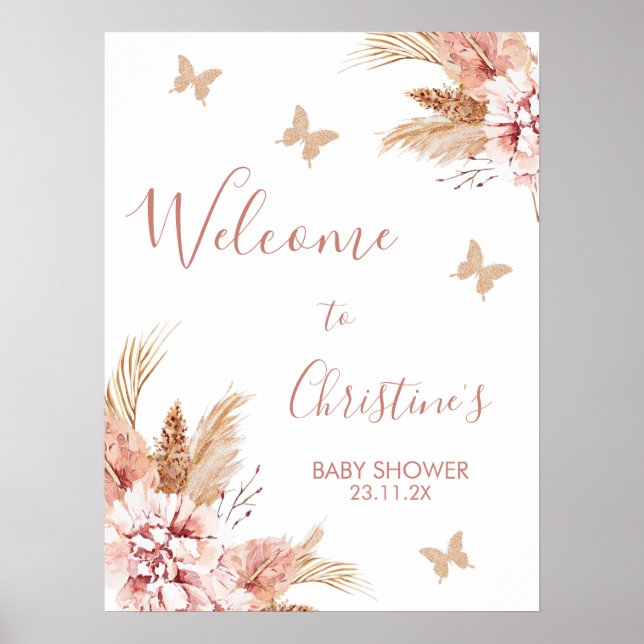 Poster Blush Boho Floral Borboleta Kisses Baby Welcome P (Frente)