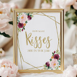 Poster Blush Burgundy Floral Quantos Kisses Sinal<br><div class="desc">Esta elegante suíte de chás de panela apresenta um buquê arrojado e esmagado dentro de uma estrutura geométrica de ouro moderna. Esta suíte inclui cartões de gabinete, placas e suprimentos personalizados do partido, como guardanapos. Se você precisar de assistência com personalização, incluindo mudanças de cor ou de texto, ou se...</div>