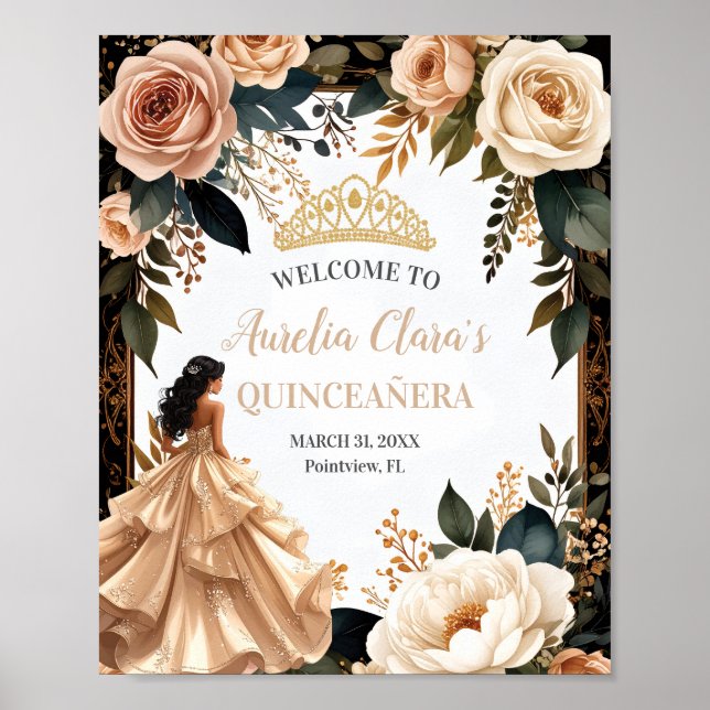 Poster Blush Champagne Ivory Floral Princess Quinceanera (Frente)