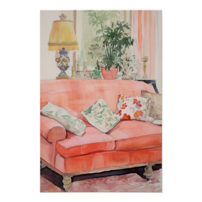 Pôster Blush Comfort – Sofá Rosa Aquarela Sala de Estar (Frente)