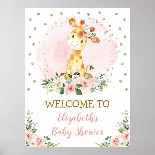 Poster Blush Floral Baby Giraffe Safari Wild Um Bem-Vindo (Frente)