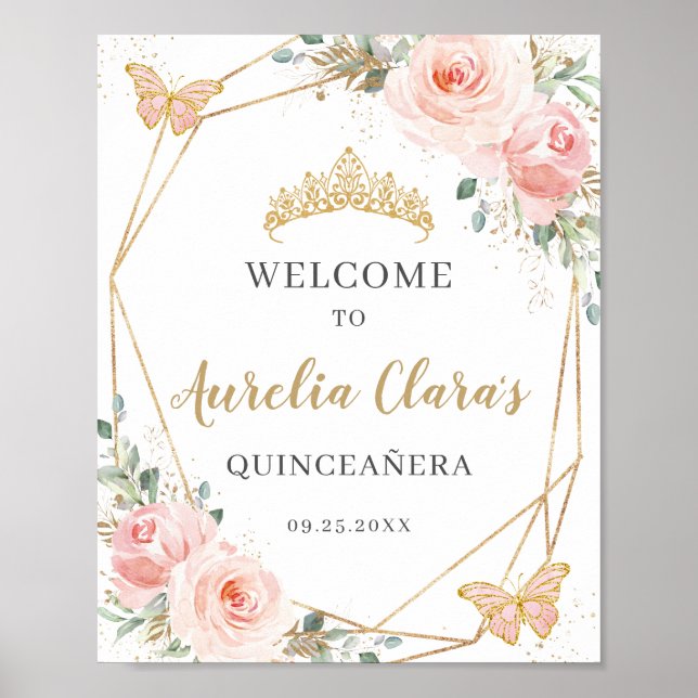 Poster Blush Floral Butterflies Quinceanera Aniversário (Frente)