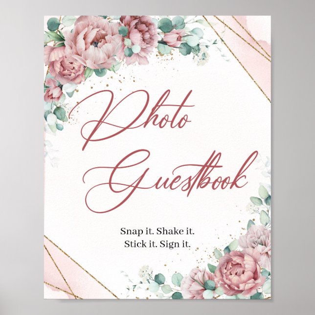 Poster Blush floral eucalipto Jogo Guestbook de Fotos (Frente)