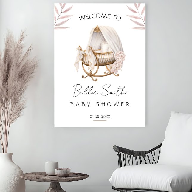Poster Blush Floral Gold Bassinet Baby Shower Welcome (Criador carregado)