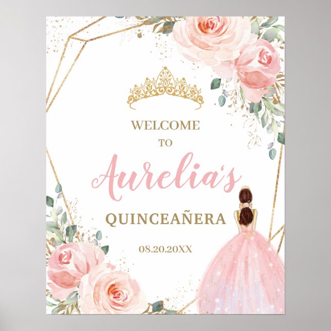 Poster Blush Floral Quinceañera Mis Quince Boas-vindas (Frente)