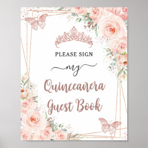Poster Blush Floral Rosa Dourado Quinceanera - Sinal de C