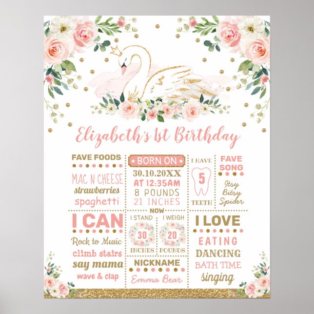 Poster Blush Floral Swan Princesa primeiro aniversario Mi (Frente)