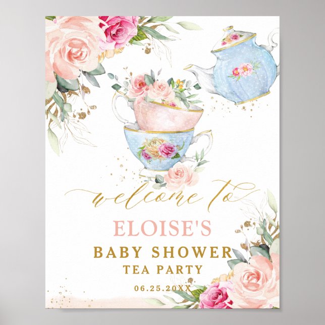 Poster Blush Floral Tea Party Bridal Baby Shower Welcome  (Frente)
