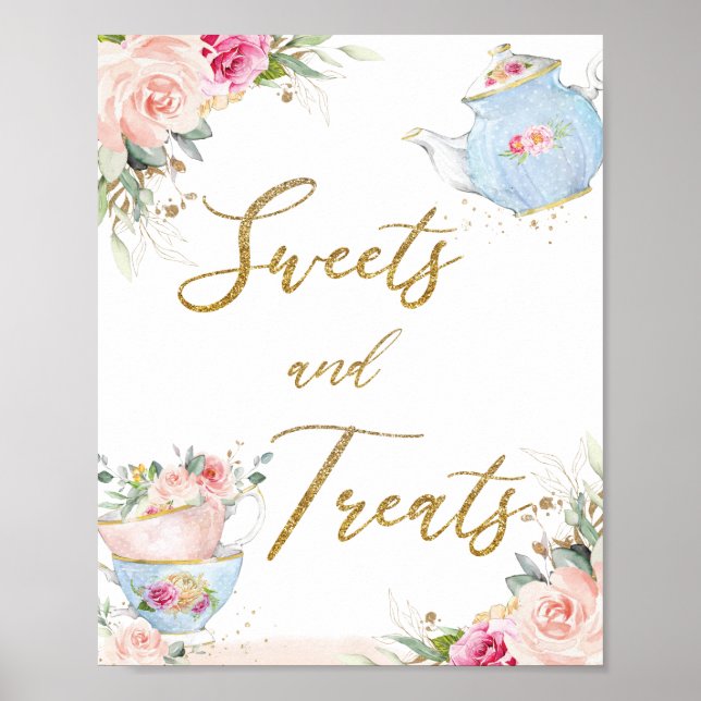 Poster Blush Floral Tea Party Sweets & Treats Bridal Baby (Frente)