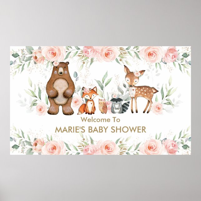 Poster Blush Floral Woodland Animal Chá de fraldas Bem-vi (Frente)