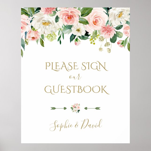 Poster Blush Flowers Casamento Por Favor Assine Nosso Gue (Frente)