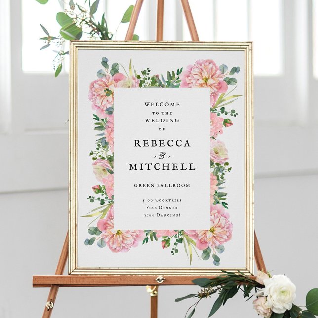 Poster Blush Peonies Hydrangea Eucalyptus Wedding Bem-vin (Criador carregado)