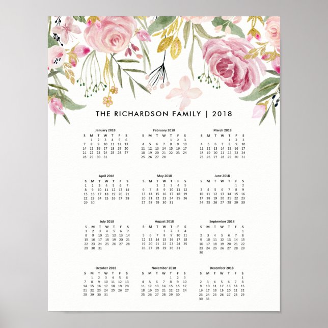 Pôster Blush Pink and Faux Gold Flowers | 2018 Calendar (Frente)