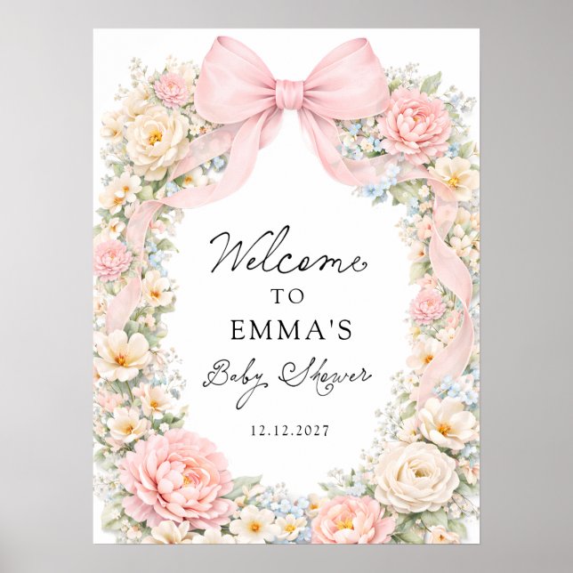 Poster Blush Pink Bow Floral Coquette Baby Shower Welcome (Frente)
