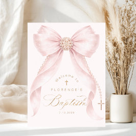 Poster Blush pink Bow Pearls Girl Baptism Welcome