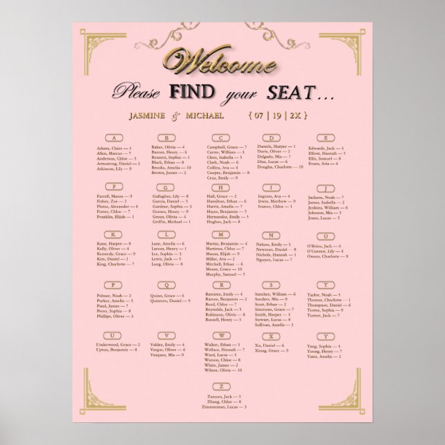 Poster Blush Pink Champagne Gold Wedding Seating Chart (Frente)