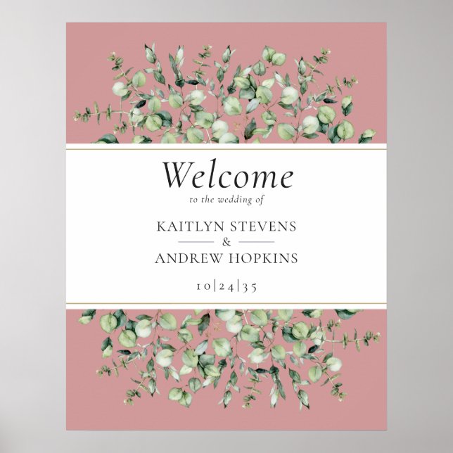 Poster Blush Pink Eucalyptus Wedding Welcome  (Frente)