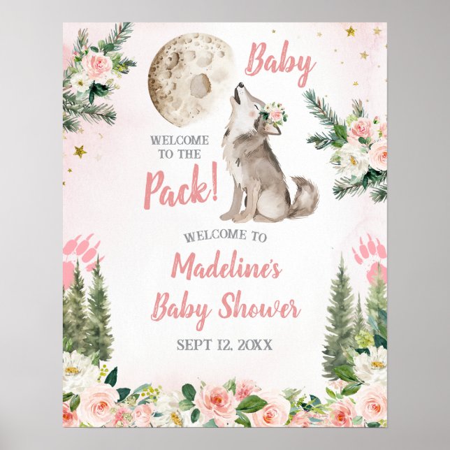 Poster Blush Pink Floral Moon Forest Wolf Welcome Sign (Frente)
