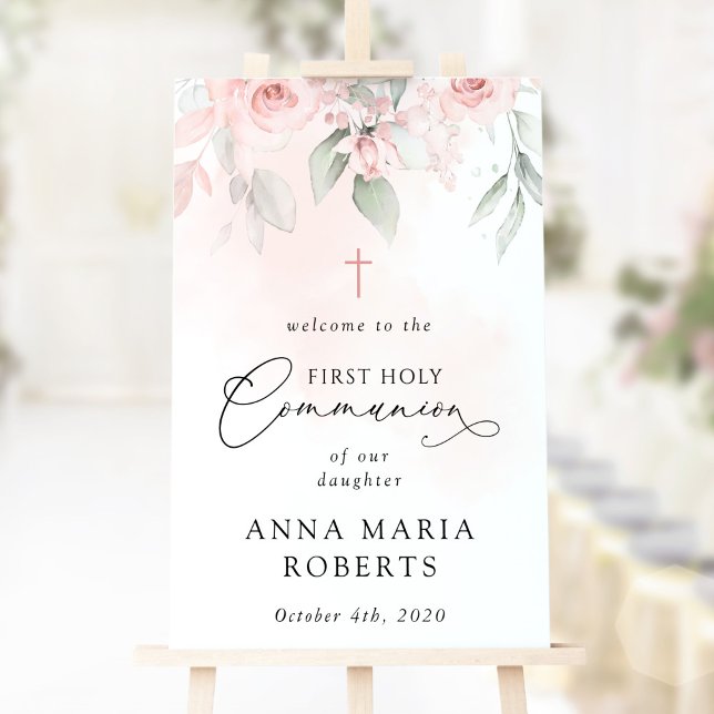 Poster Blush Pink Flowers, First Holy Communion Welcome (Criador carregado)