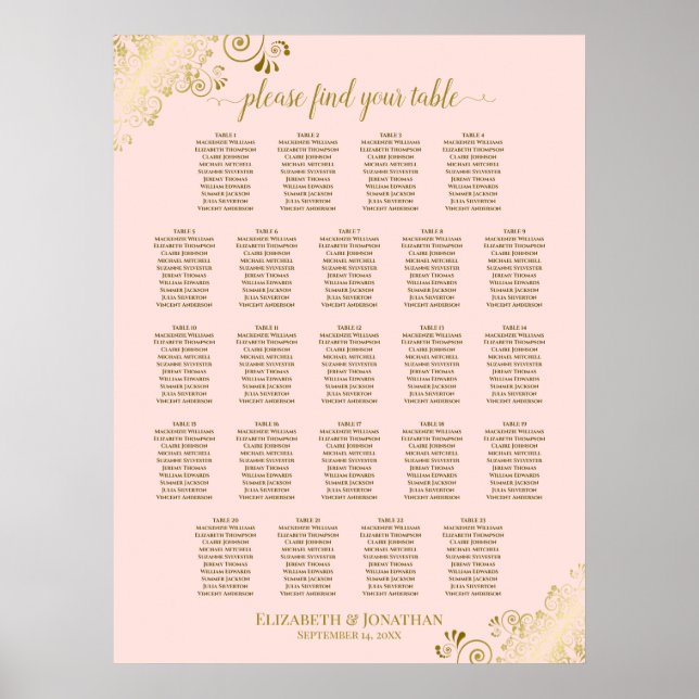 Poster Blush Pink & Gold 23 Table Wedding Seating Chart (Frente)