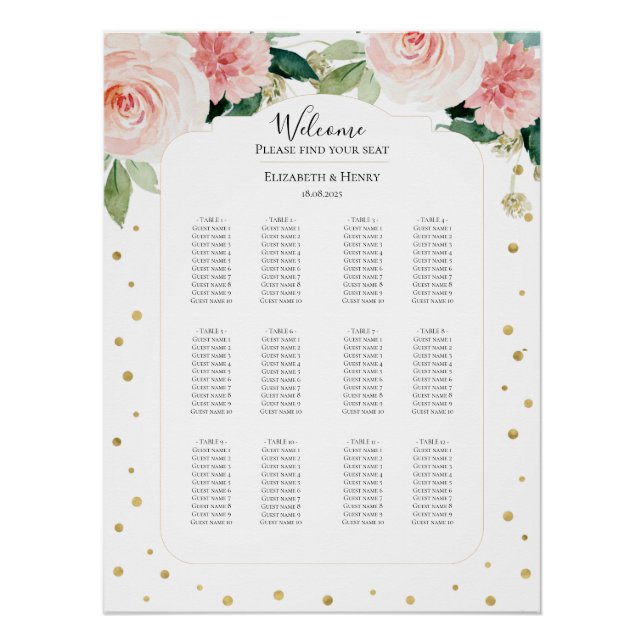 Pôster Blush pink gold peony floral wedding seating plan (Frente)