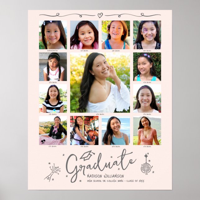 Poster Blush Pink Graduation K–12 Photo Collage Doodles (Frente)