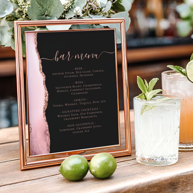 Poster Blush Pink Rose Gold Agate Dark Wedding Bar Menu (Criador carregado)