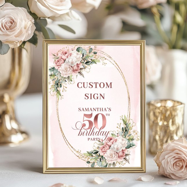 Poster Blush Rosa Comestível Vegetação 50 Mesa de Anivers (Editable Blush Pink Greenery 50th Birthday Tabletop Sign)