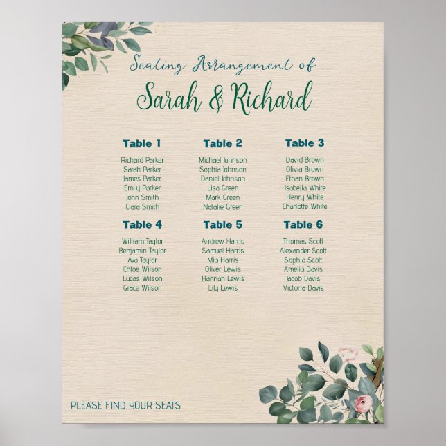 Poster Blush Sage Floral Wedding Seating Chart (Frente)