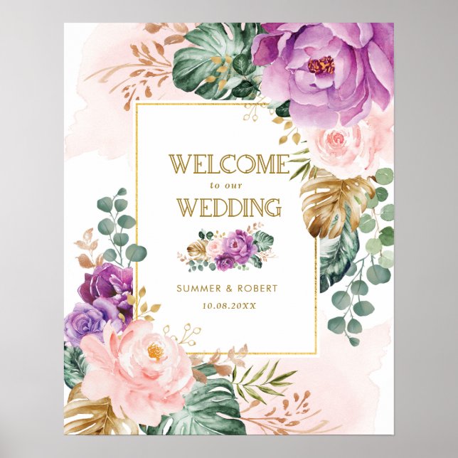 Poster Blush Violet Tropical Floral Casamento Verde (Frente)