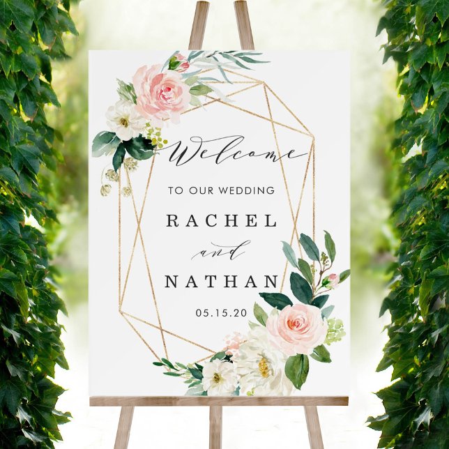 Poster Blush White Gold Frame Floral Wedding Welcome Sign (Criador carregado)