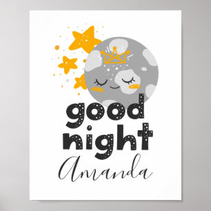 Poster Boa noite. Lua bonita e estrelas. Bebê da enferma
