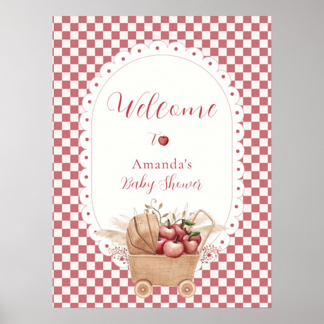 Poster Boa-vinda ao Chá de Bebê Boho Gingham Rústico Verm (Frente)