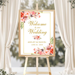 Poster Boa vinda Dourado coral floral do casamento da