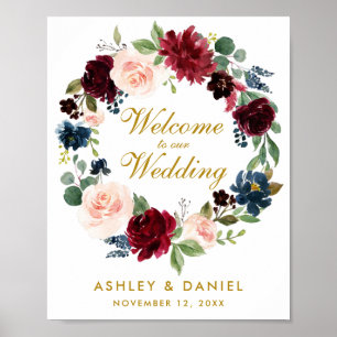 Poster Boa vinda Dourado do casamento da grinalda floral