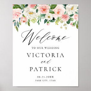 Poster Boa vinda floral do casamento do pêssego românti