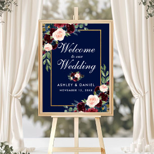 Poster Boa vinda floral Dourado azul do casamento de