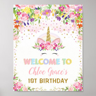 Poster Boa vinda floral Dourado do aniversário do rosa