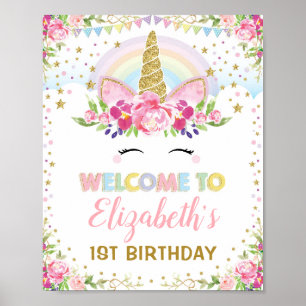 Poster Boa vinda floral Dourado do aniversário do rosa d