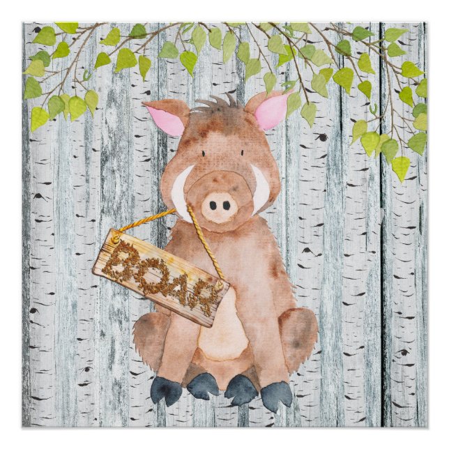 Pôster Boar- Woodland Friends - Ilustração Watercolor (Frente)